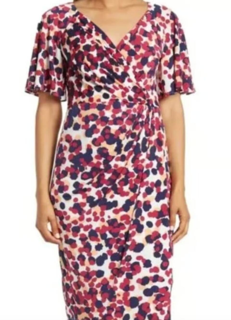 Maggy London Dress 2 Pink Blue V-Neck Flutter Sleeve Faux Wrap Crossover Dotted